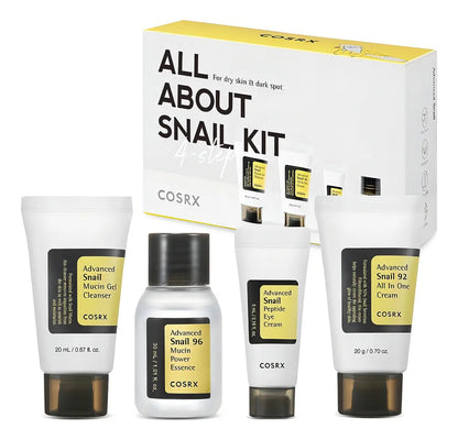 COSRX All Snail Skincare Kit 4 Pasos de Viaje | Limpia, Hidrata y Repara la Piel con Baba de Caracol | Incluye Limpiador, Esencia Snail 96, Crema Snail 92 y Contorno de Ojos Regenerador Coreano