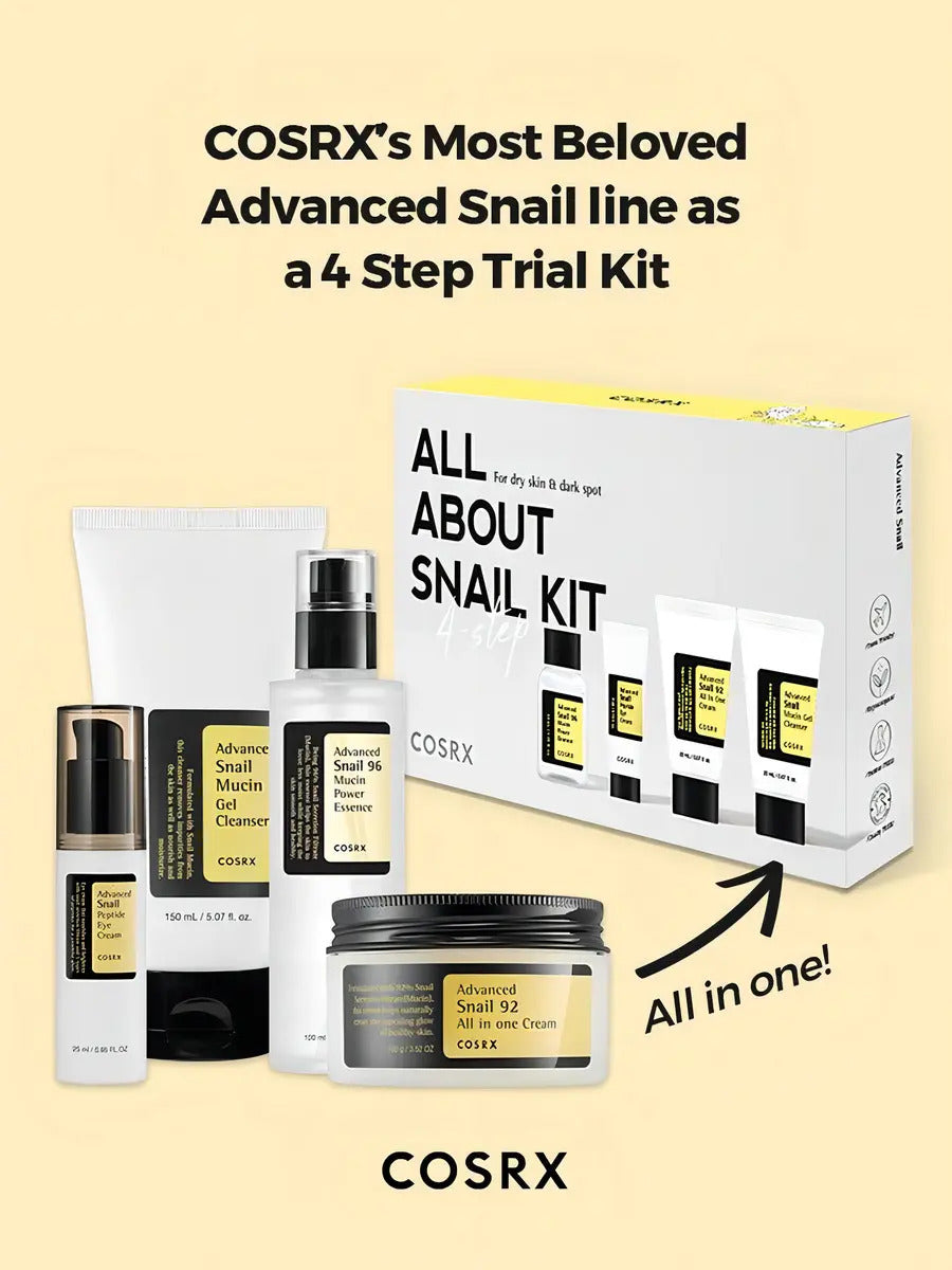 COSRX All Snail Skincare Kit 4 Pasos de Viaje | Limpia, Hidrata y Repara la Piel con Baba de Caracol | Incluye Limpiador, Esencia Snail 96, Crema Snail 92 y Contorno de Ojos Regenerador Coreano