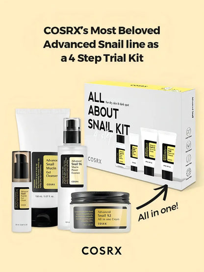 COSRX All Snail Skincare Kit 4 Pasos de Viaje | Limpia, Hidrata y Repara la Piel con Baba de Caracol | Incluye Limpiador, Esencia Snail 96, Crema Snail 92 y Contorno de Ojos Regenerador Coreano