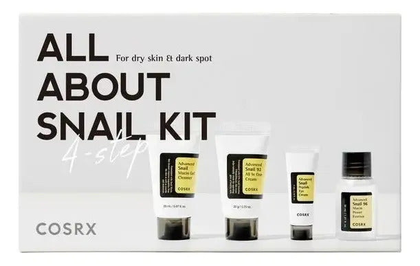 COSRX All Snail Skincare Kit 4 Pasos de Viaje | Limpia, Hidrata y Repara la Piel con Baba de Caracol | Incluye Limpiador, Esencia Snail 96, Crema Snail 92 y Contorno de Ojos Regenerador Coreano