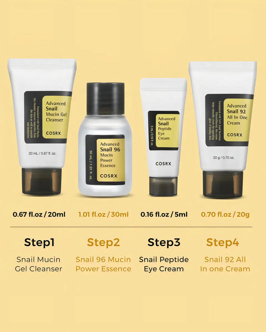 COSRX All Snail Skincare Kit 4 Pasos de Viaje | Limpia, Hidrata y Repara la Piel con Baba de Caracol | Incluye Limpiador, Esencia Snail 96, Crema Snail 92 y Contorno de Ojos Regenerador Coreano